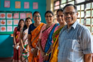 man-with-smile-his-face-is-standing-front-group-women